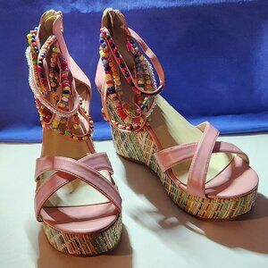 Getmorebeauty wedge sandals sz 40 pink multi beads NWOB